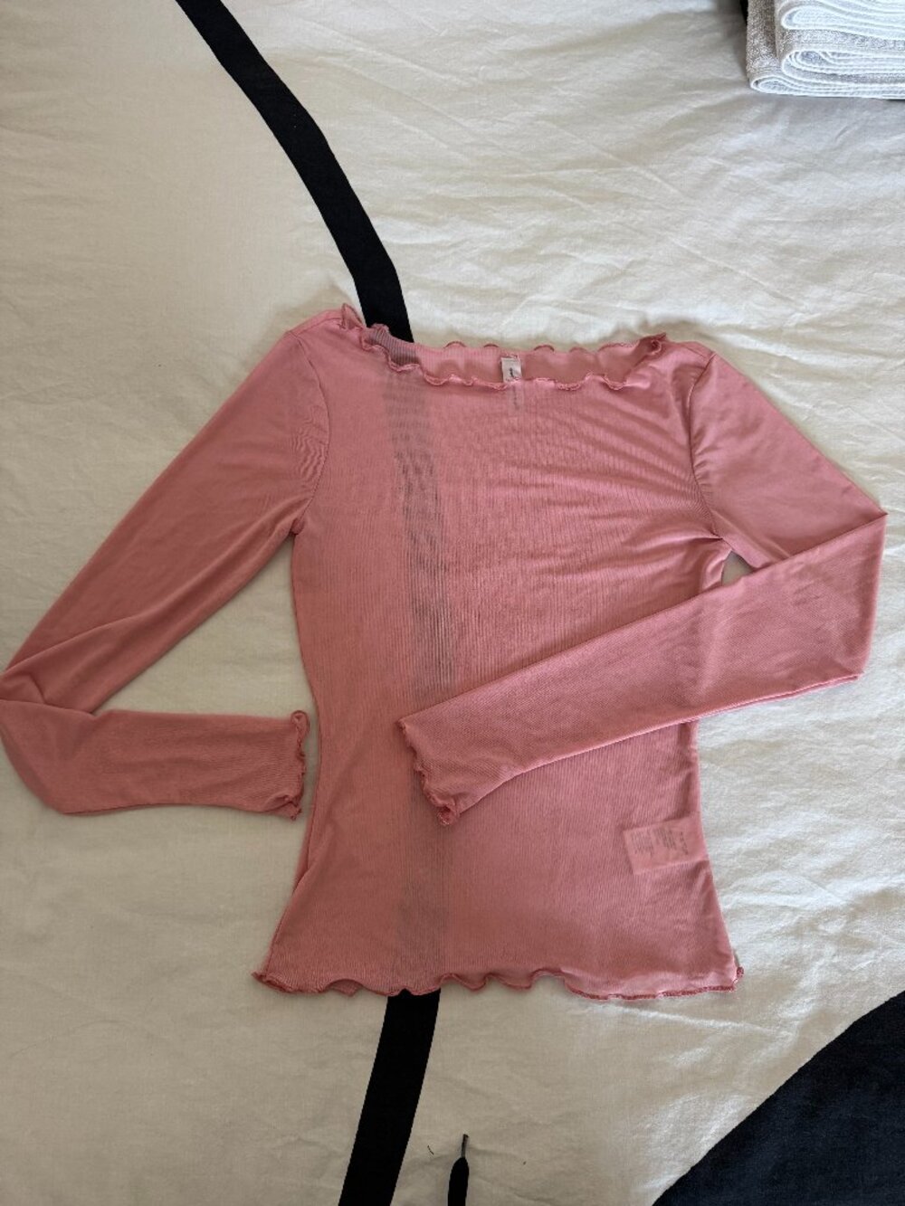 Pink Lettuce Trim Long Sleeve Top Ribbed Y2K Tee Sz S